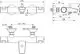 Thermostat aus glänzendem Chrom, hergestellt von Ideal Standard. Mehrere Anschlüsse sind sichtbar. Technische Details und Maße sind im Diagramm dargestellt.